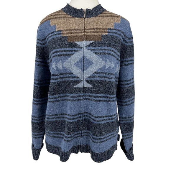 Woolrich Jacket Aztec Print Lamb’s Wool Blue Full Zip Blue Brown Large - Picture 1 of 7